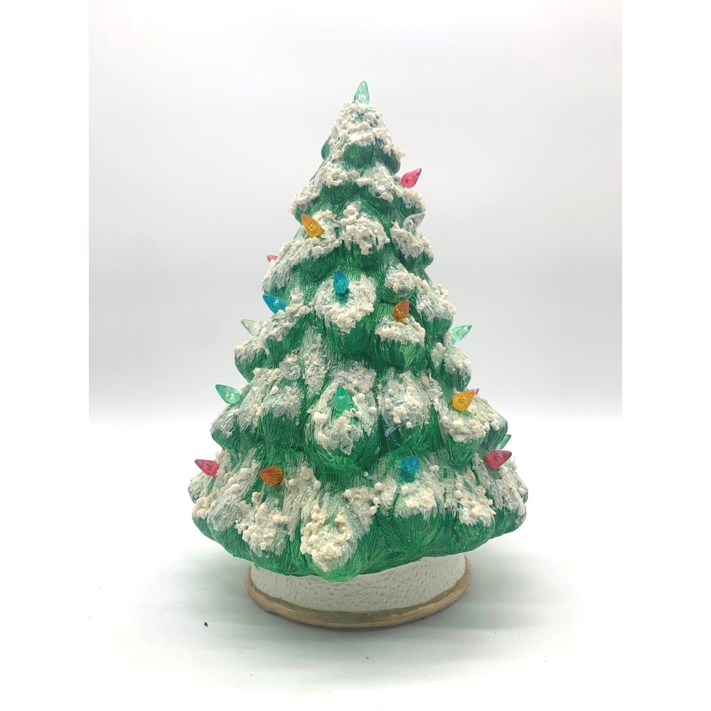 Vintage Ceramic Christmas Tree Flocked Snow White Green Lighted MCM Tabletop 12"